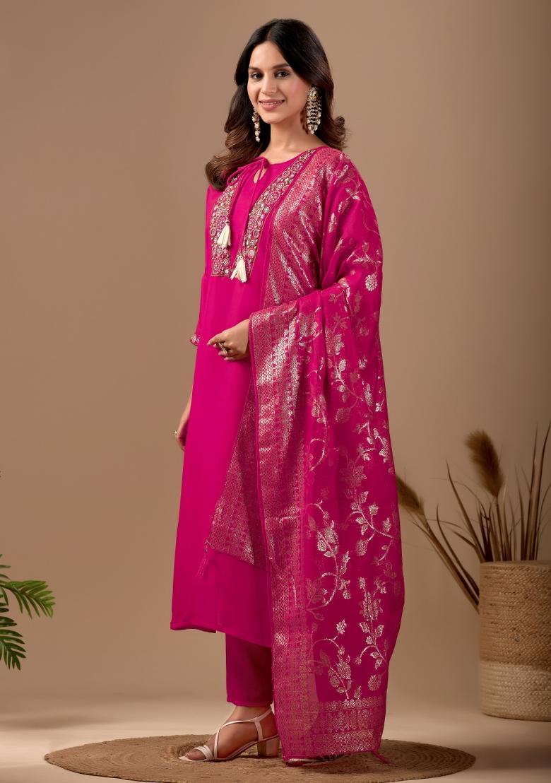 Pink Embroidery Chanderi Kurta Set - Indya