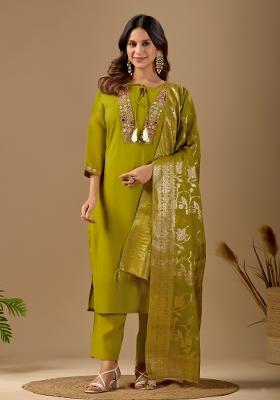 Green Embroidery Chanderi Kurta Set