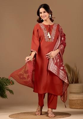Red Embroidery Chanderi Kurta Set