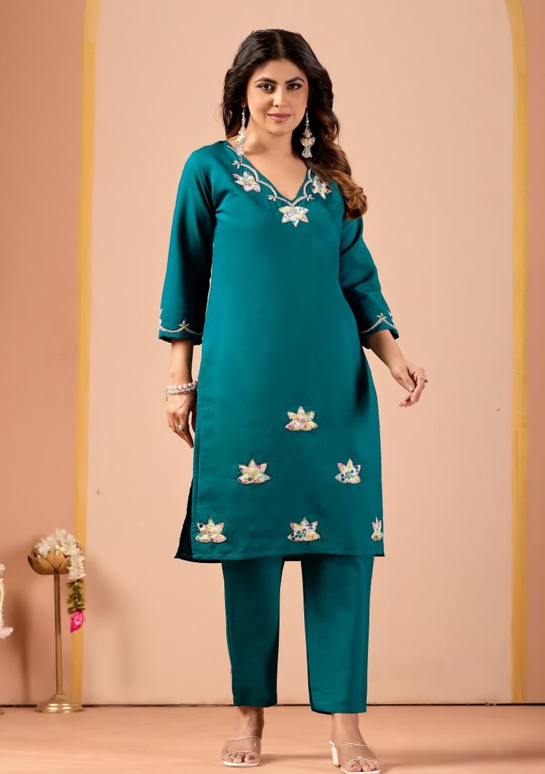 Teal Embroidery Silk Kurta Set - Indya