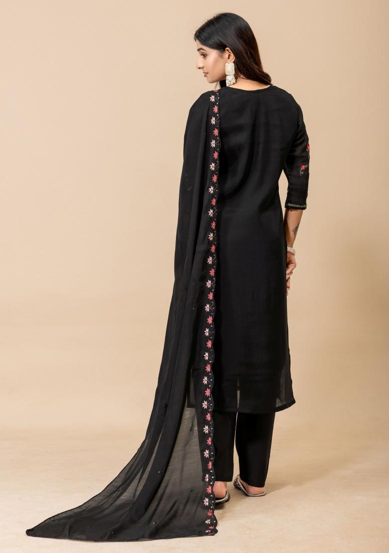 Black Embroidery Silk Kurta Set - Indya
