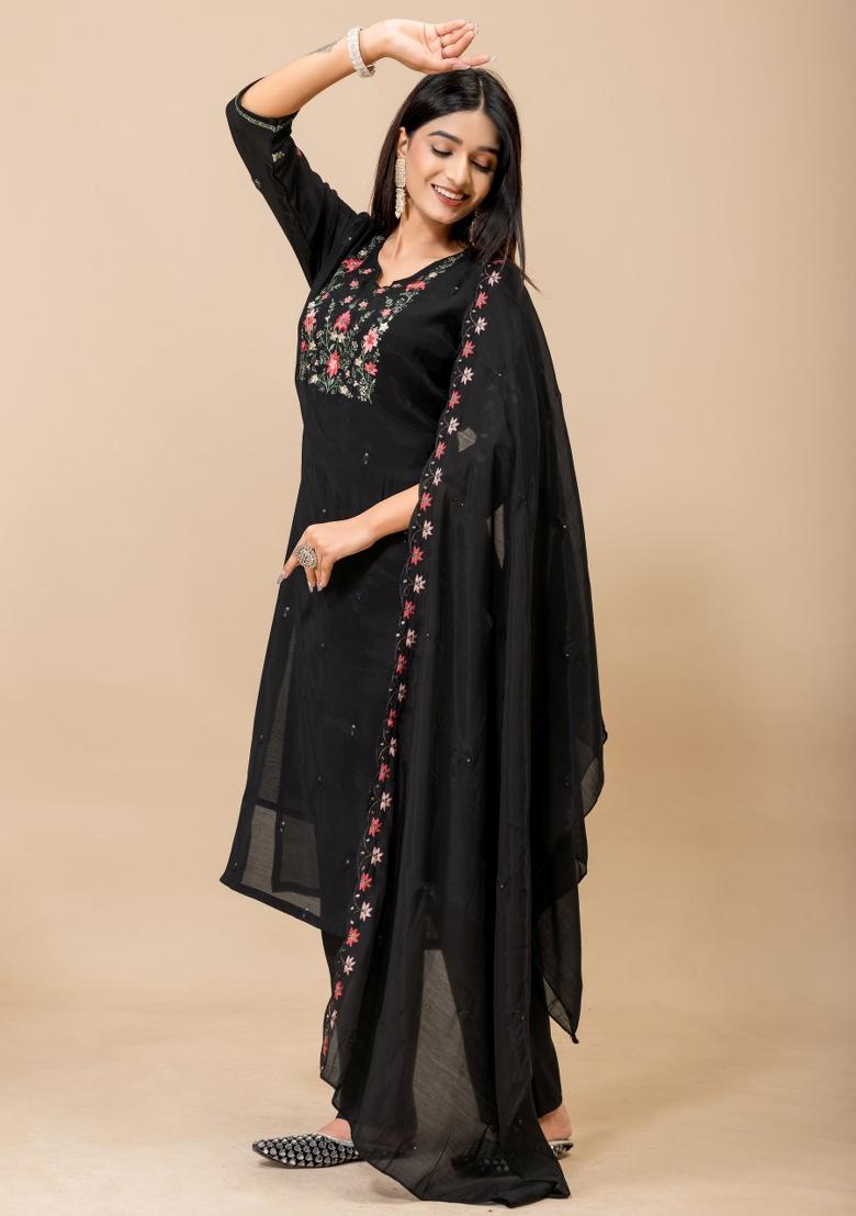 Black Embroidery Silk Kurta Set - Indya