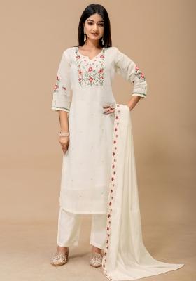 Off White Embroidery Silk Kurta Set
