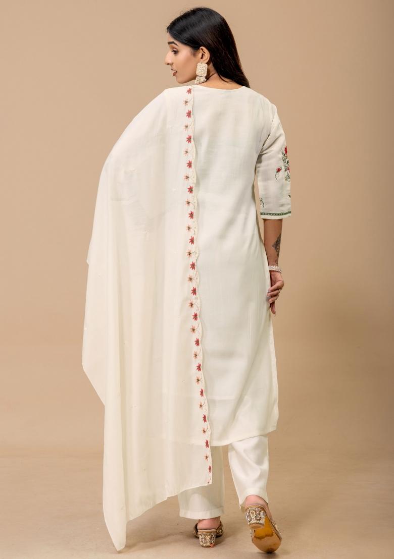Off White Embroidery Silk Kurta Set - Indya