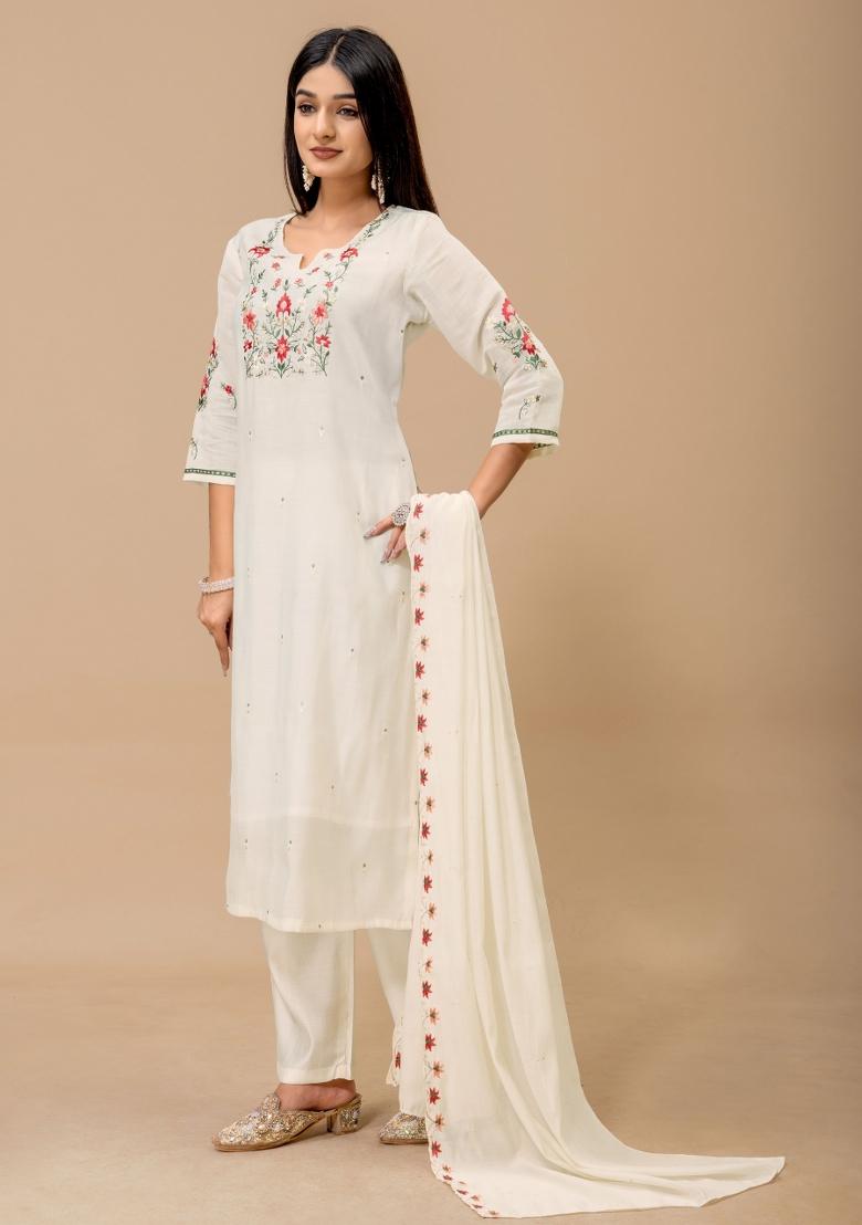 Off White Embroidery Silk Kurta Set - Indya