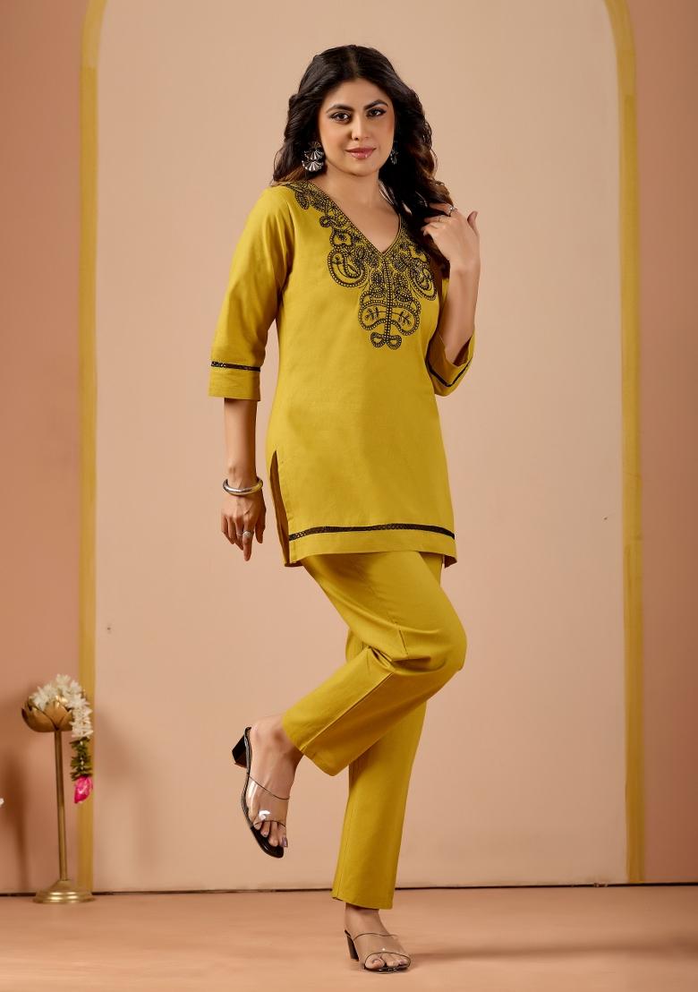 Mustard Embroidery Cotton Kurta Set - Indya