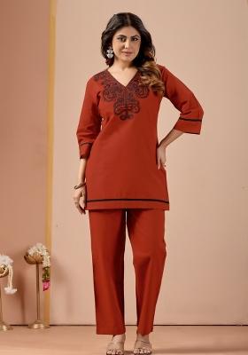 Red Embroidery Cotton Kurta Set