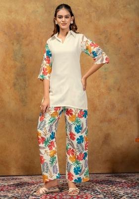 Off White Printed Cotton Kurta Set