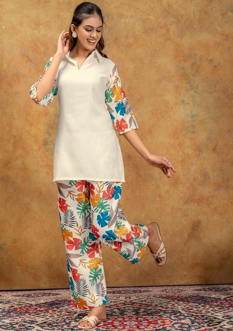 Off White Printed Cotton Kurta Set - Indya