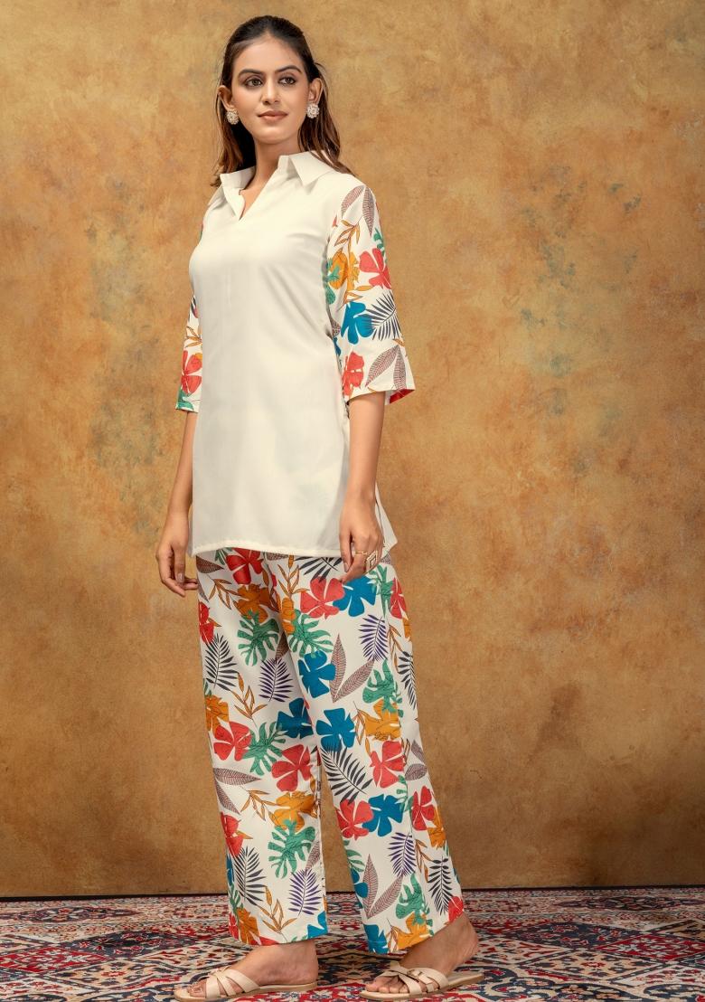 Off White Printed Cotton Kurta Set - Indya