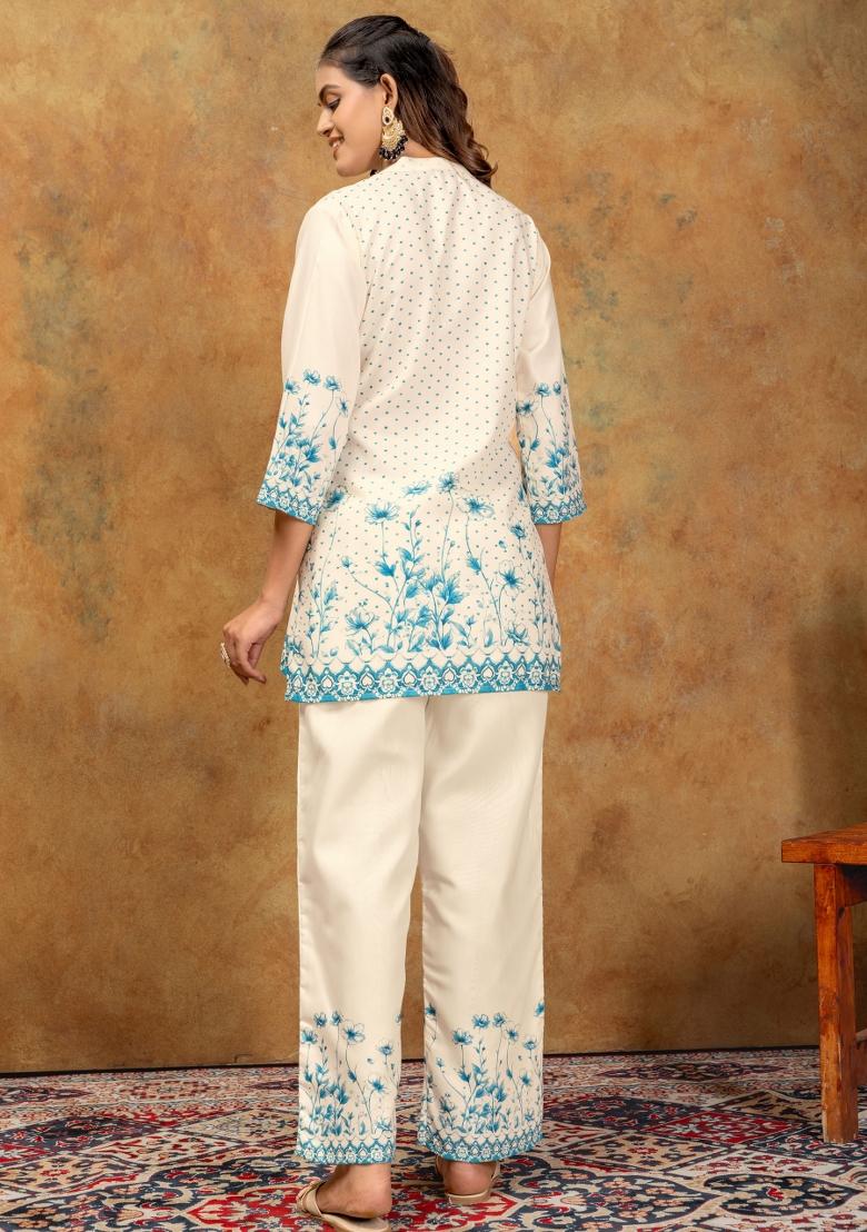 Teal Printed Cotton Kurta Set - Indya