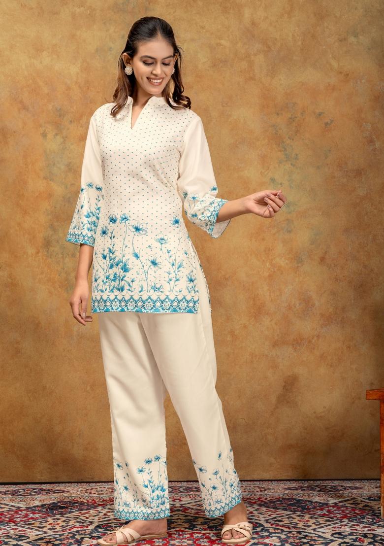 Teal Printed Cotton Kurta Set - Indya