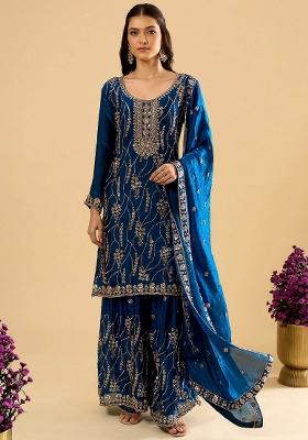 Blue Embroidery Silk Kurta Set