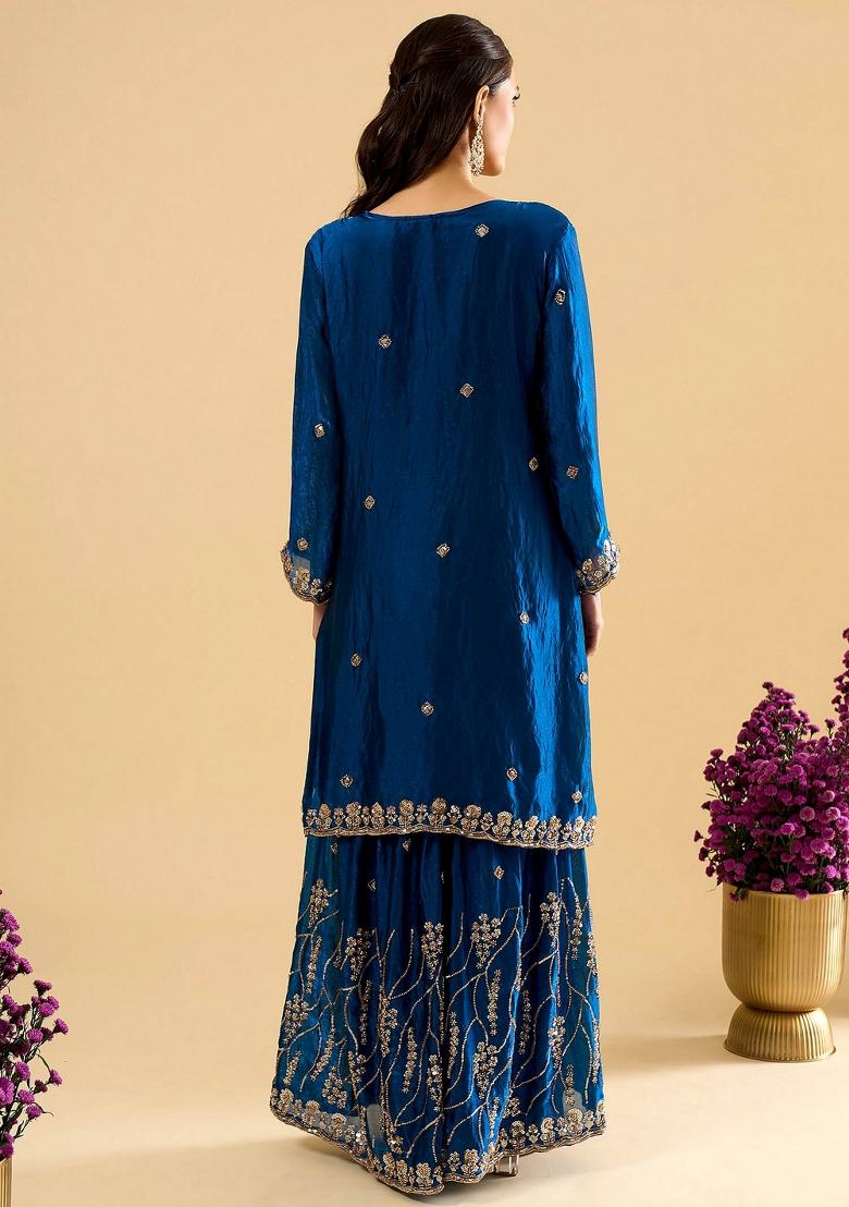 Blue Embroidery Silk Kurta Set - Indya
