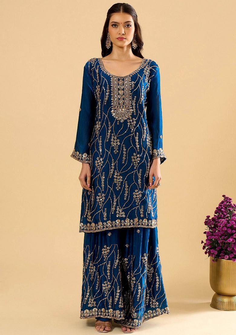 Blue Embroidery Silk Kurta Set - Indya