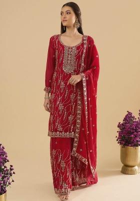 Maroon Embroidery Silk Kurta Set