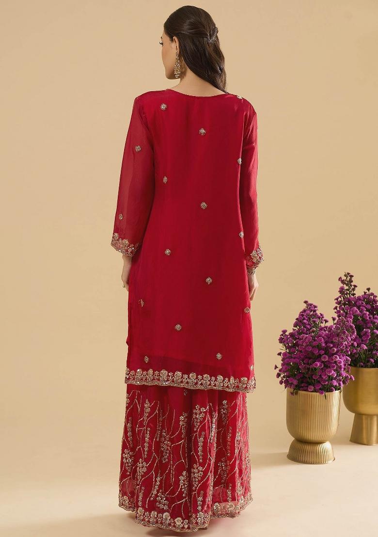 Maroon Embroidery Silk Kurta Set - Indya