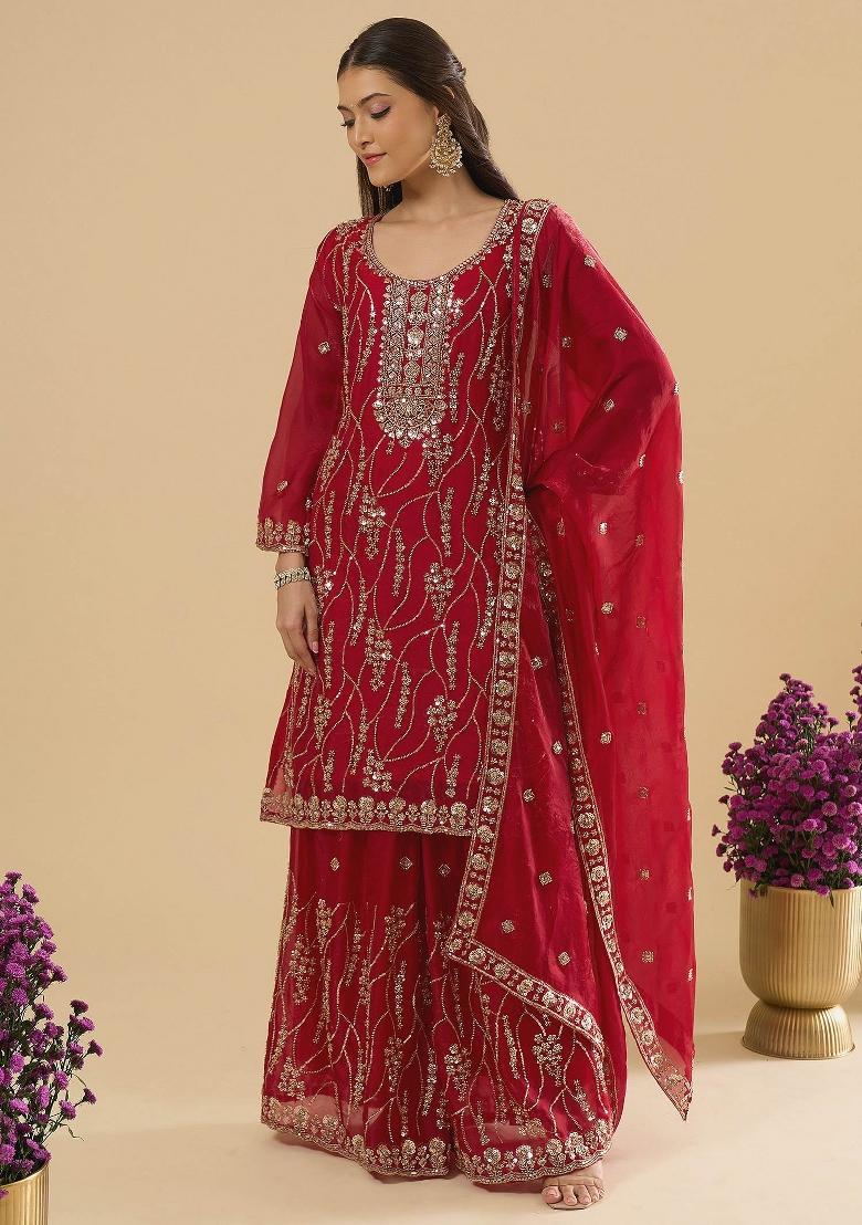 Maroon Embroidery Silk Kurta Set - Indya