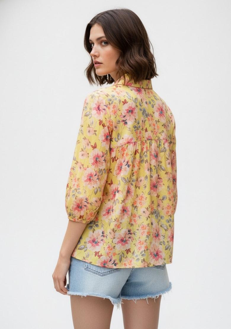 Yellow Printed Crepe Kurta - Indya
