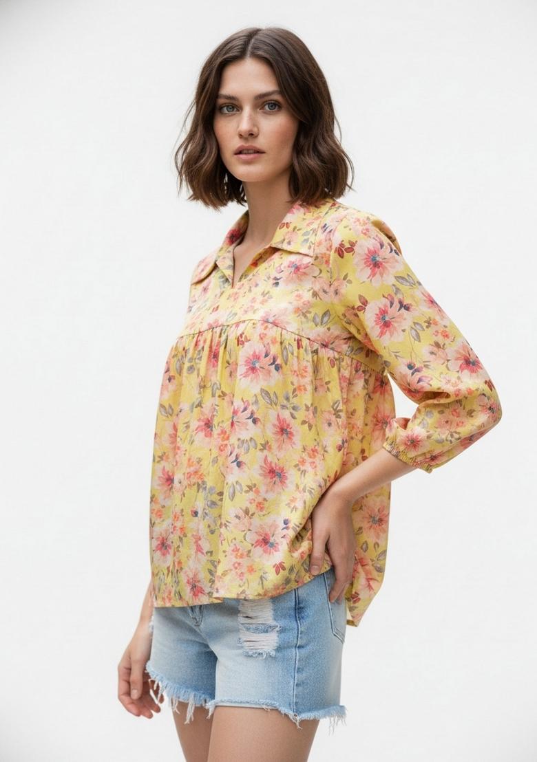 Yellow Printed Crepe Kurta - Indya