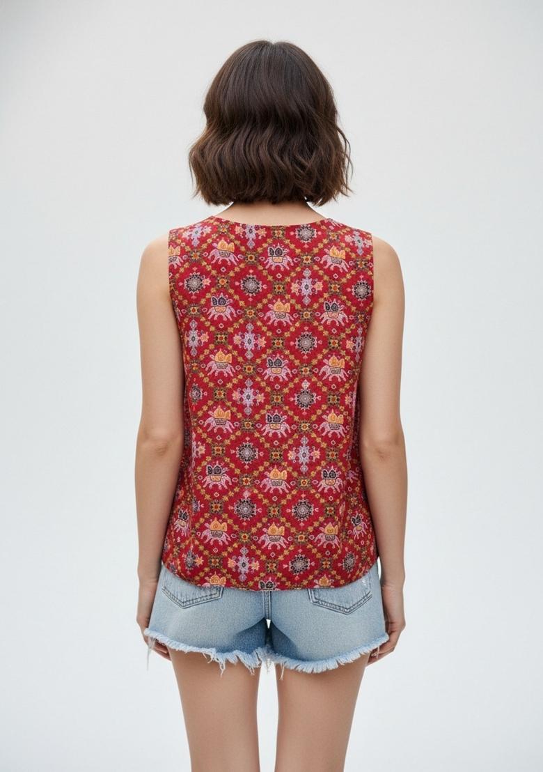 Red Printed Rayon Kurta - Indya