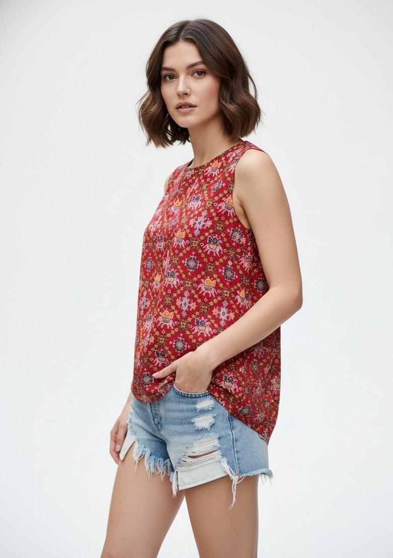 Red Printed Rayon Kurta - Indya