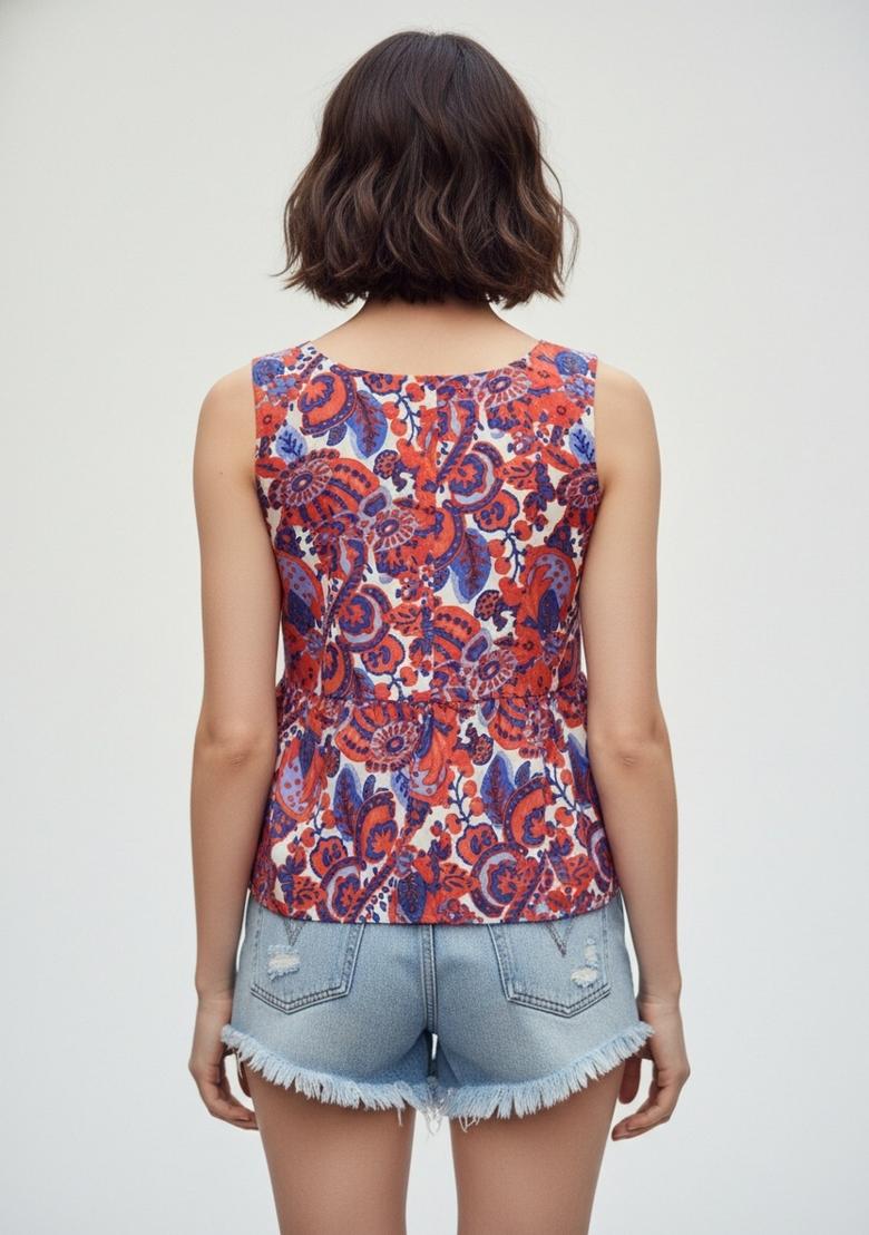 Red Printed Crepe Kurta - Indya