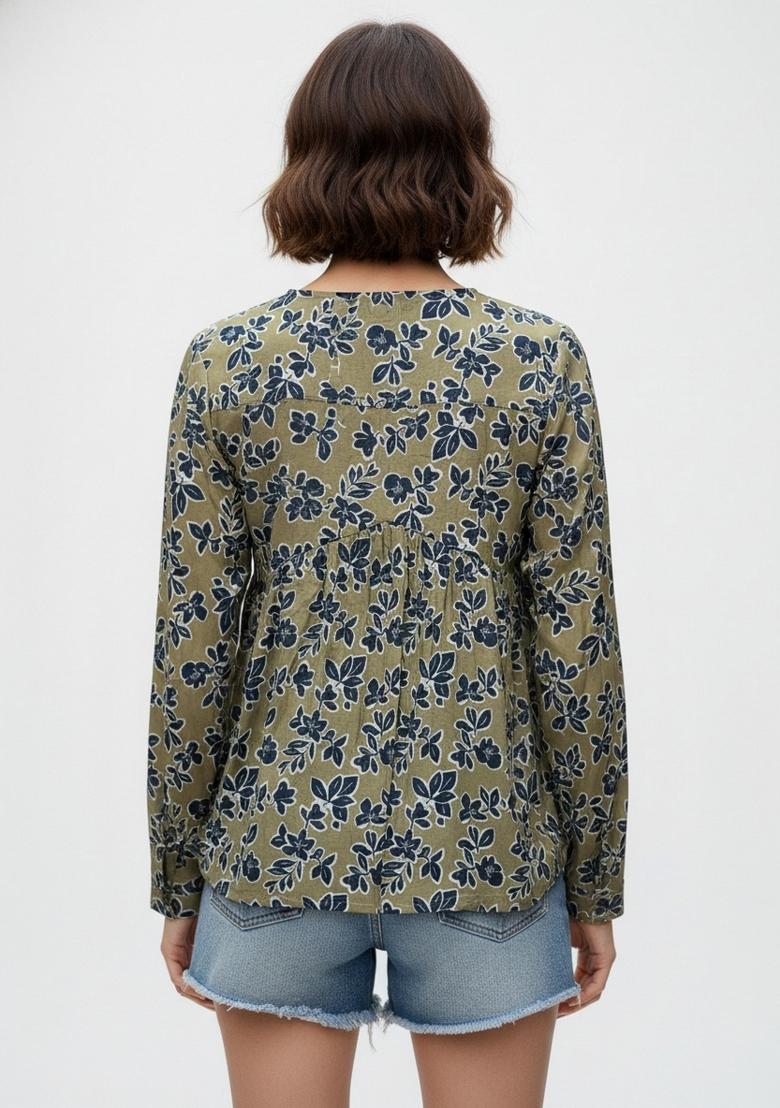 Green Printed Crepe Kurta - Indya