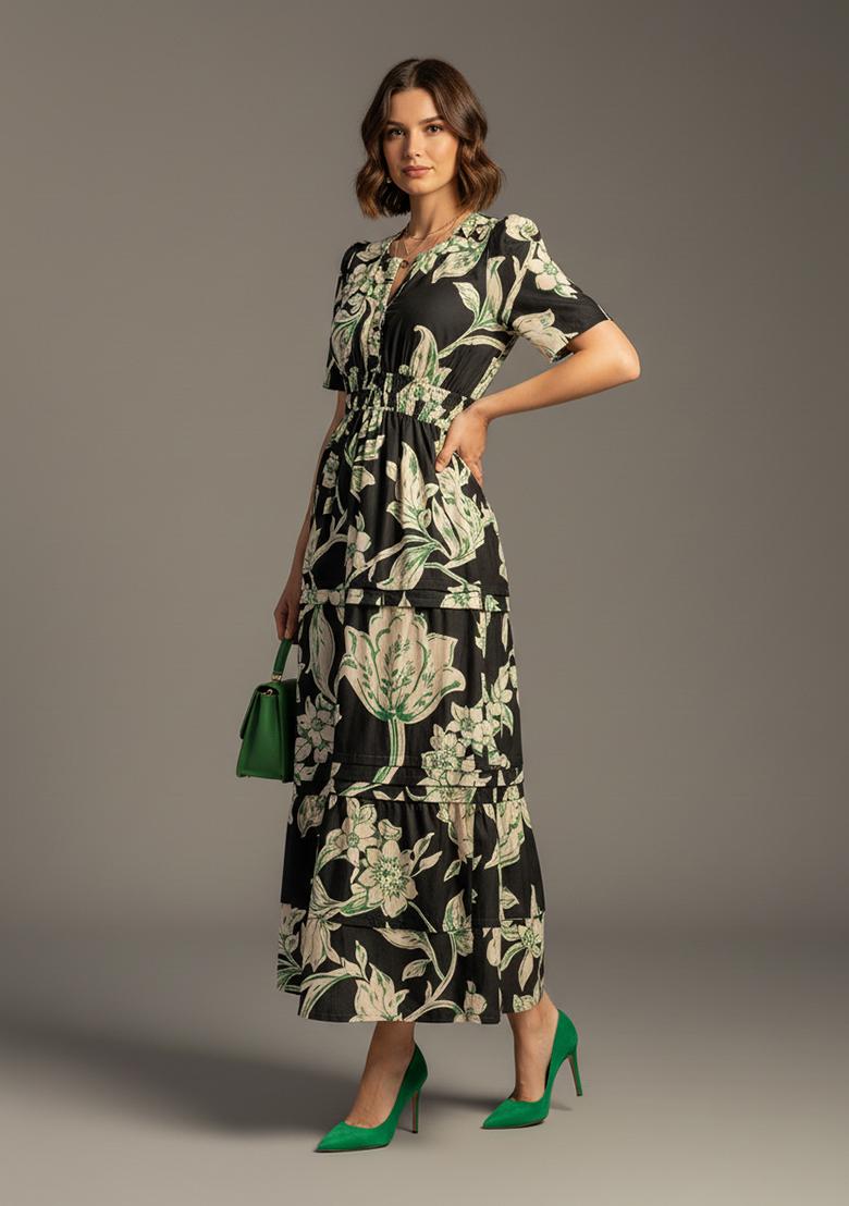 Black Printed Silk Kurta - Indya