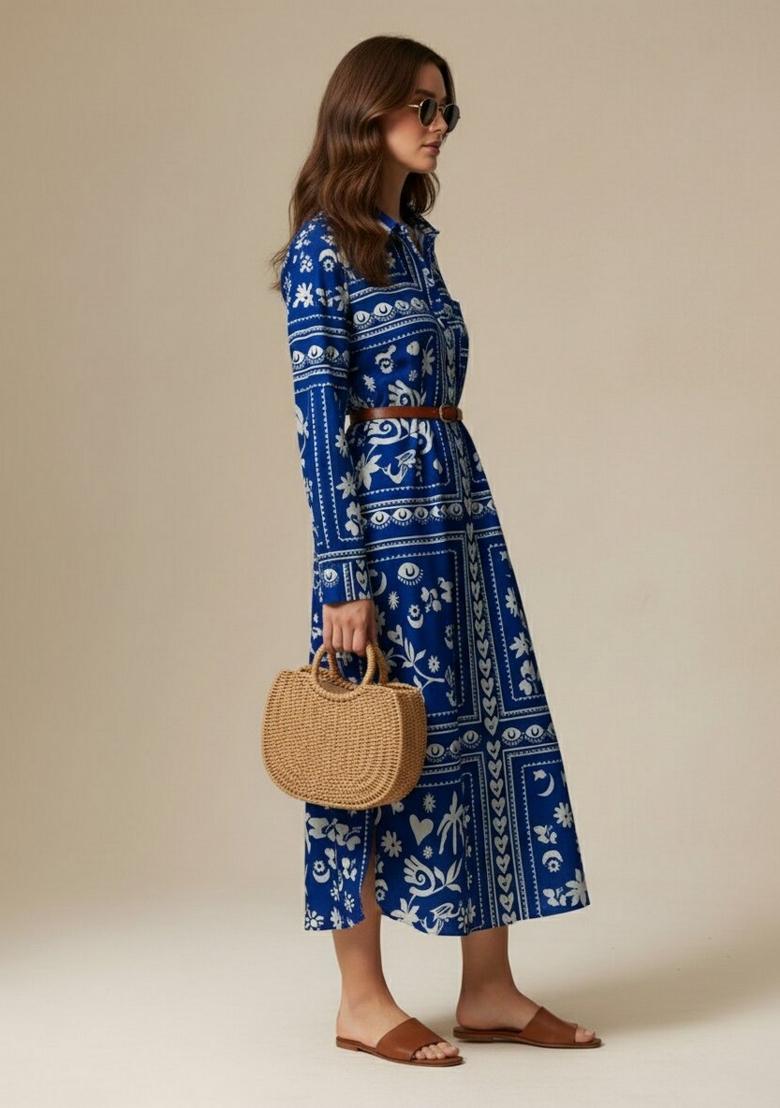 Blue Printed Silk Kurta - Indya