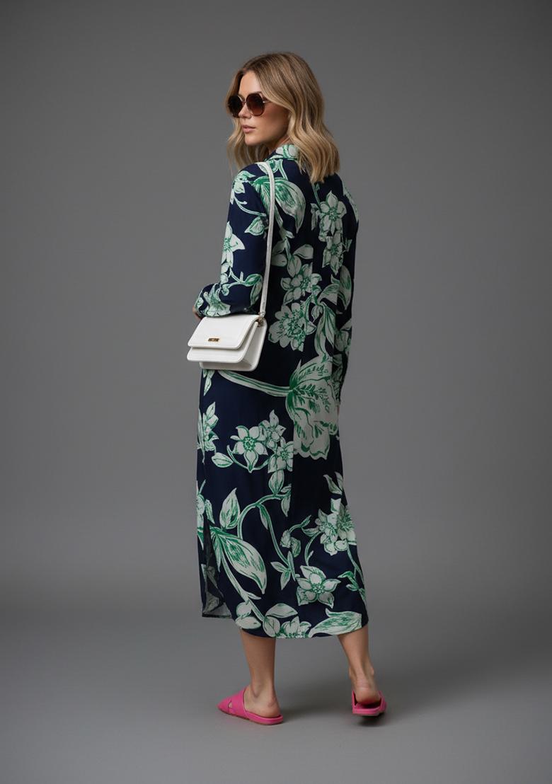 Navy Blue Printed Silk Kurta - Indya