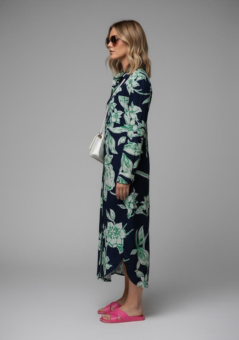 Navy Blue Printed Silk Kurta - Indya
