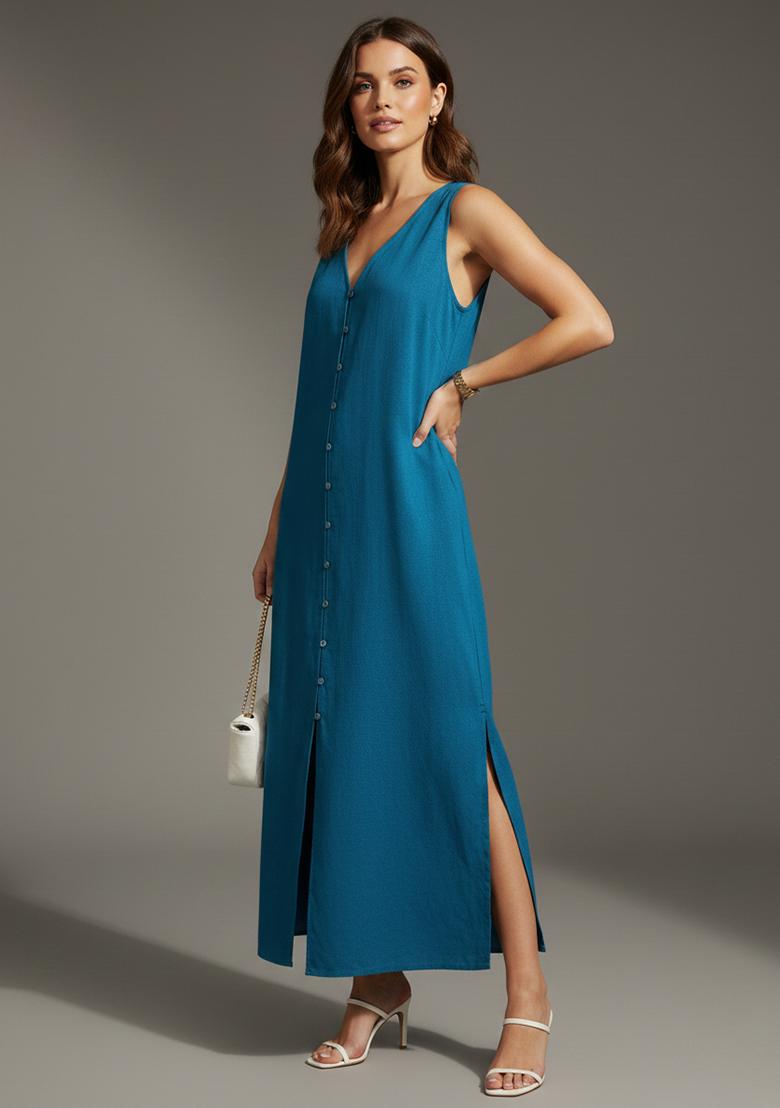 Teal Printed Rayon Kurta - Indya