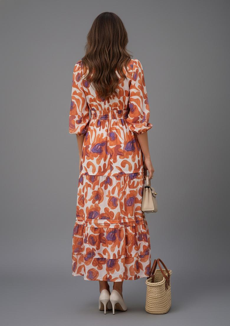 Orange Printed Silk Kurta - Indya