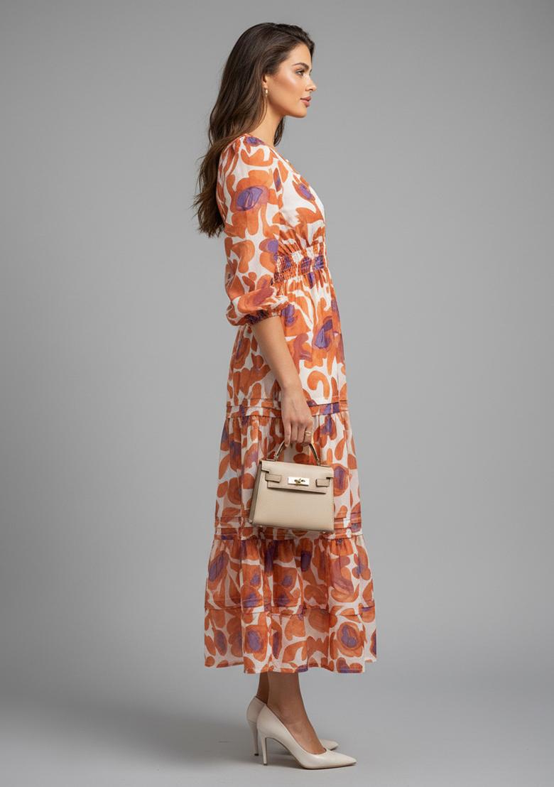 Orange Printed Silk Kurta - Indya