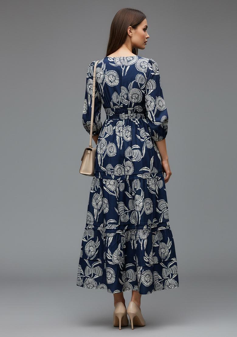 Navy Blue Printed Silk Kurta - Indya