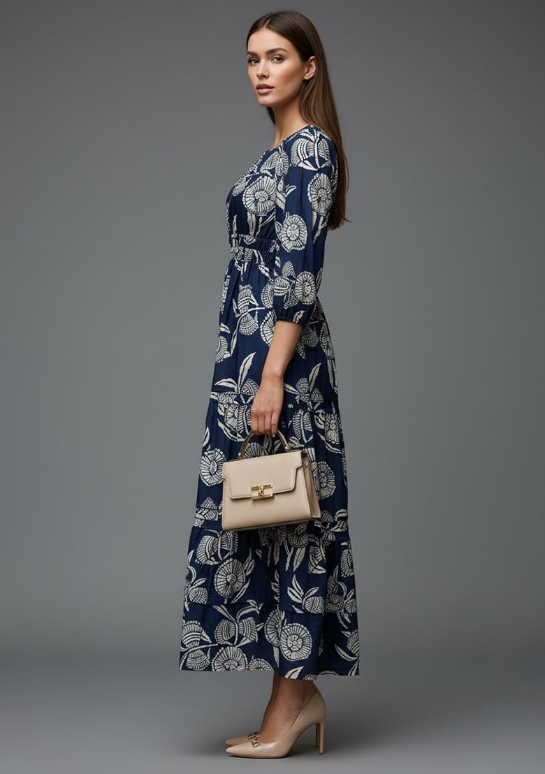 Navy Blue Printed Silk Kurta - Indya