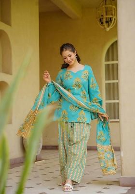 Sea Green Printed Cotton Kurta Set