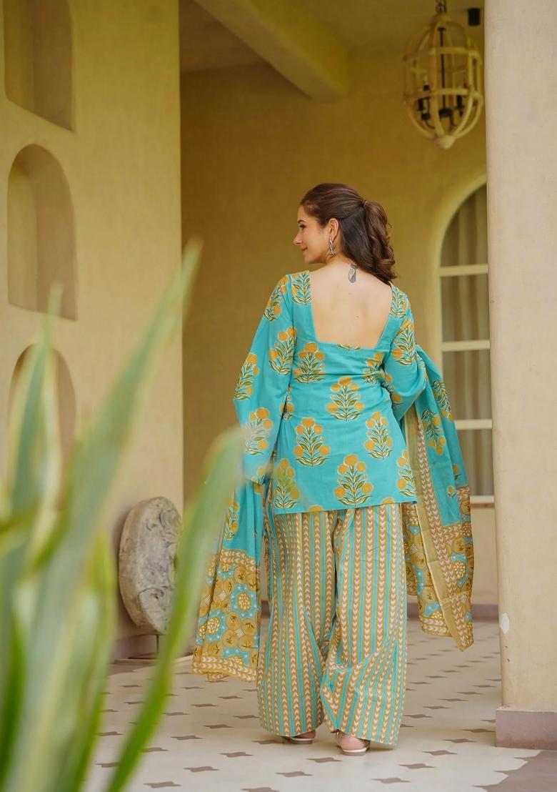 Sea Green Printed Cotton Kurta Set - Indya