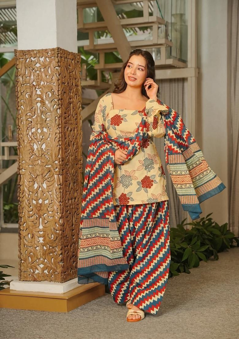 Yellow Printed Cotton Kurta Set - Indya