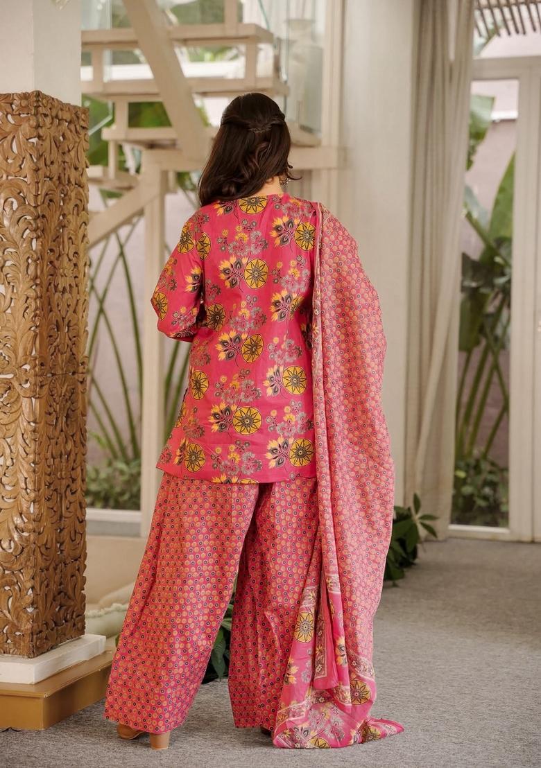 Pink Printed Cotton Kurta Set - Indya