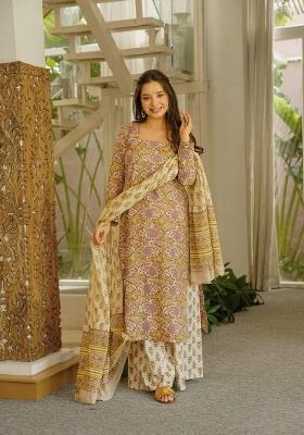 Cream Printed Cotton Kurta Set