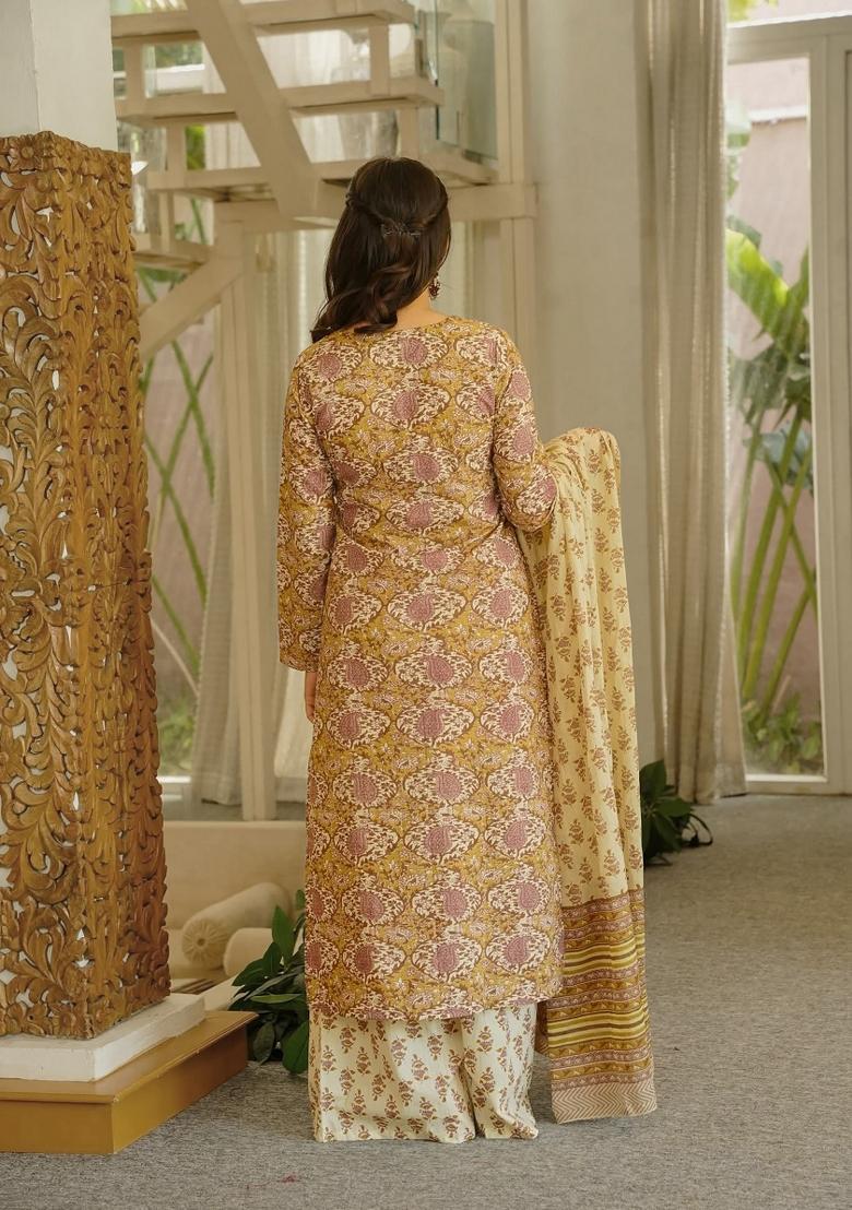 Cream Printed Cotton Kurta Set - Indya