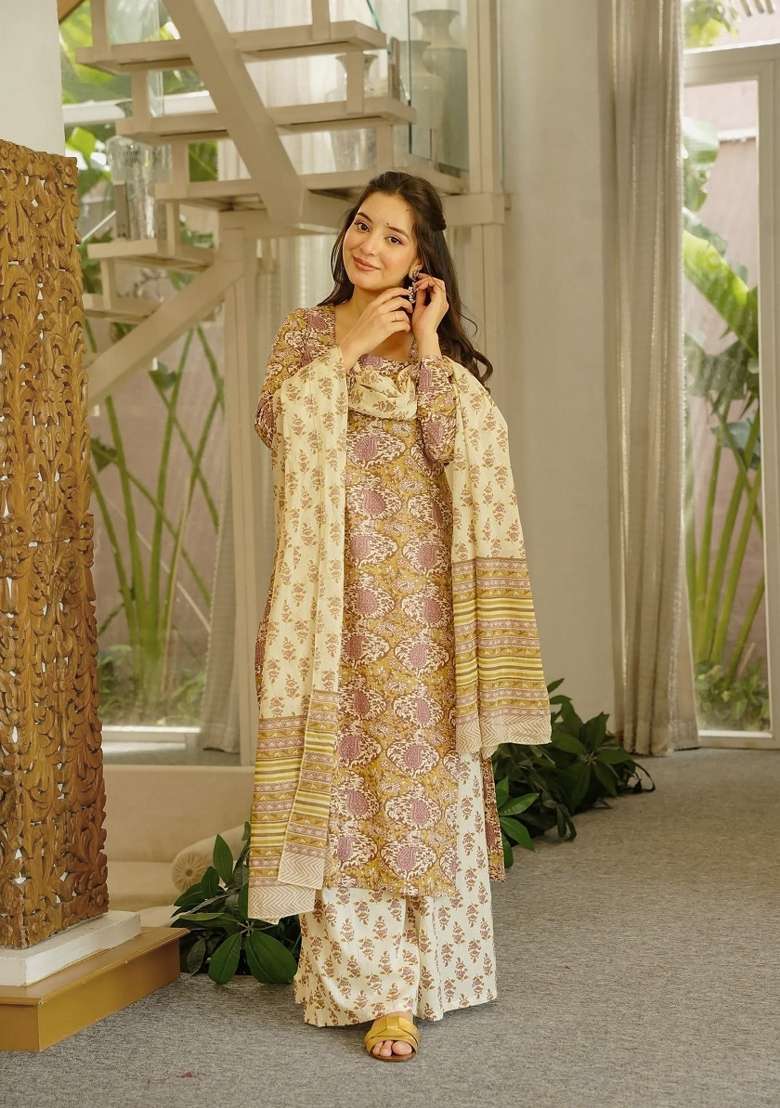 Cream Printed Cotton Kurta Set - Indya
