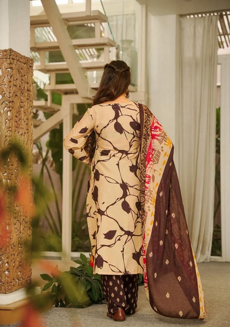 Brown Printed Cotton Kurta Set - Indya