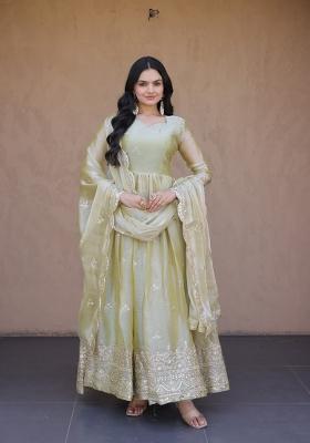 Green Embroidery Silk Gown With Dupatta