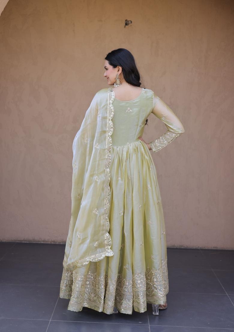 Green Embroidery Silk Gown With Dupatta - Indya