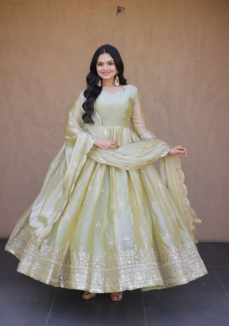 Green Embroidery Silk Gown With Dupatta - Indya