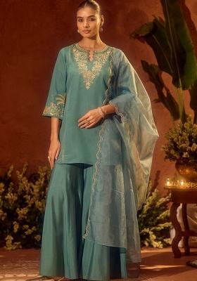 Green Embroidery Chanderi Kurta Set