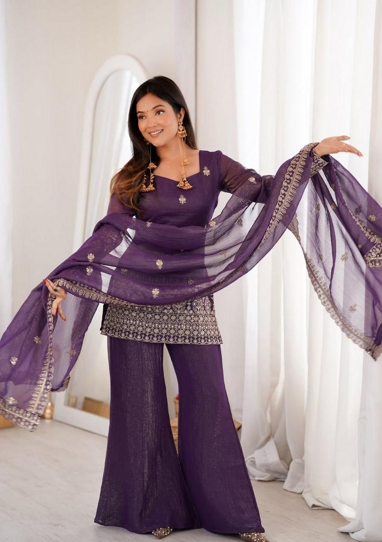 Lavender Embroidery Silk Kurta Set - Indya